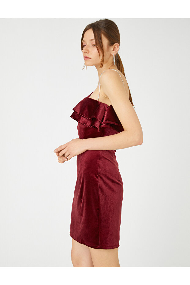 Velvet Mini Evening Dress One Shoulder Flounce Stone Detailed