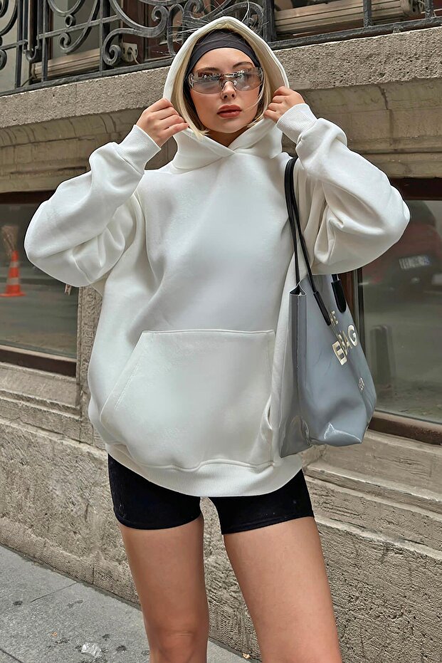 White Stay Hooded Kangaroo Pocket Oversize Women's Sweatshirt with Fleece Inside