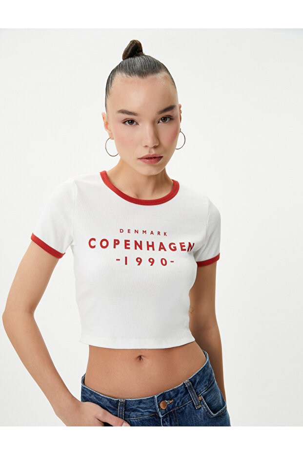College Crop T-Shirt Slim Fit Ribbed Short Sleeve Crew Neck Cotton
