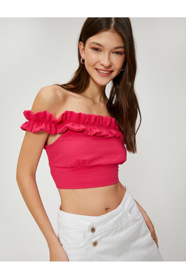 Madonna Collar Off-The-Shoulder Blouse Crop Ruffled Textured Viscose Blend