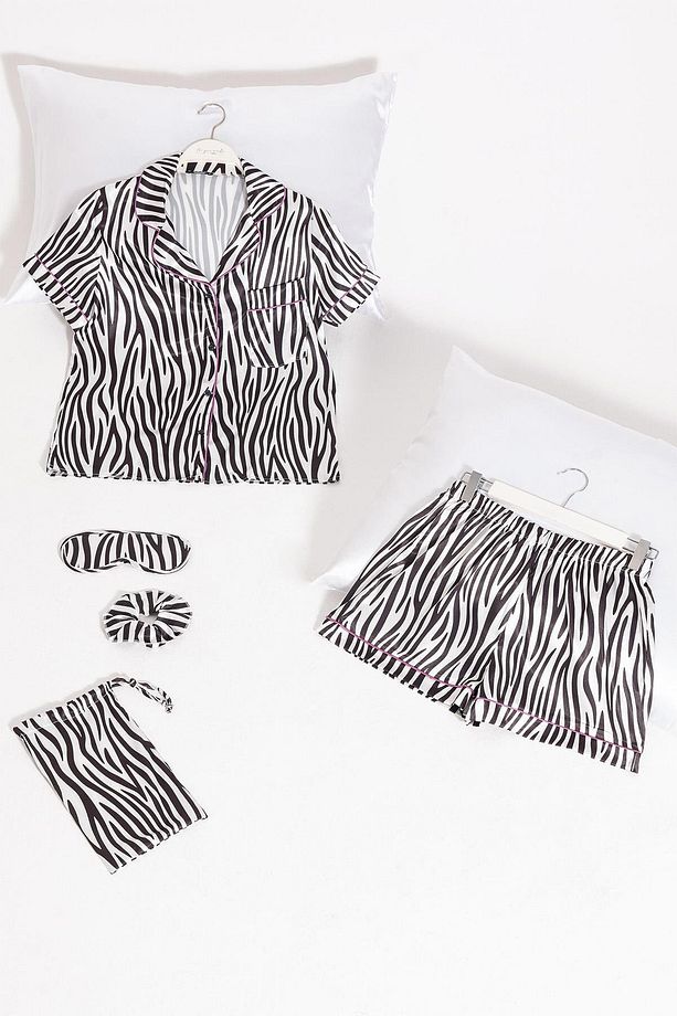 5'li Zebra Desenli Saten Pijama Şort Takım - 1