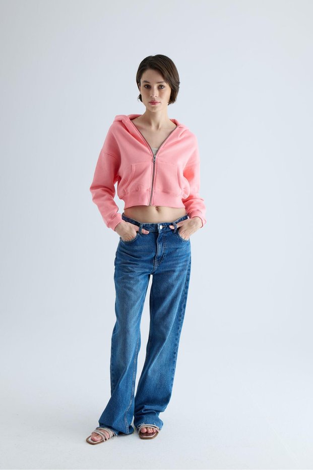 Women's Pink Color Hooded Hooded Crop Sweatshirt Cardigan