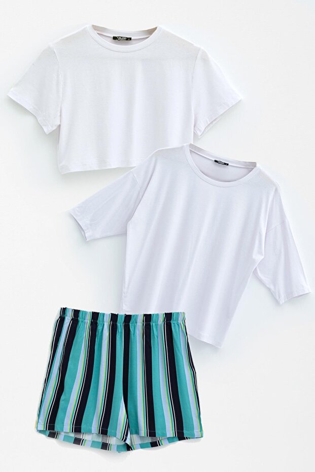 3-Piece Crop Short Sleeve and Bat Sleeve Tshirt Shorts Set