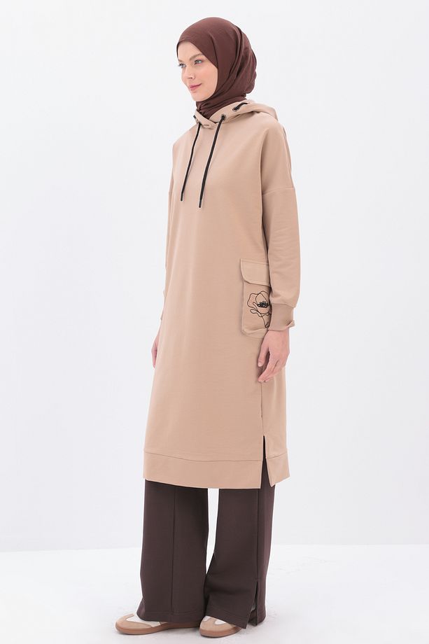 Bej Tek Cepli Nakışlı Kapüşonlu Sweat Tunik - 3