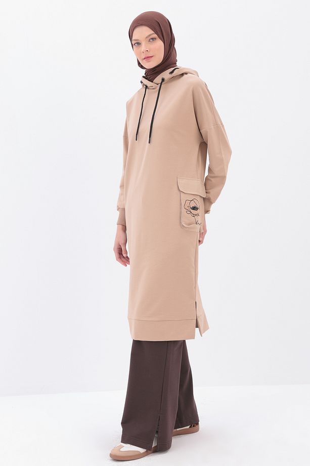 Bej Tek Cepli Nakışlı Kapüşonlu Sweat Tunik - 1