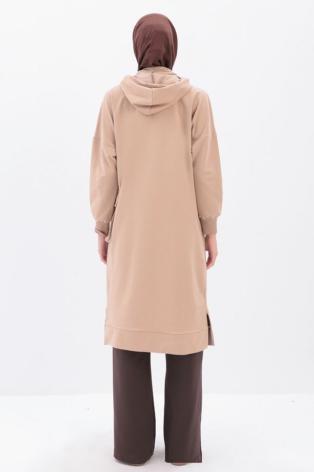 Bej Tek Cepli Nakışlı Kapüşonlu Sweat Tunik - 4