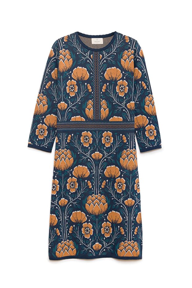 Felicity Çiçek Jakarlı Kadın Triko Elbise - Indigo Multi - 8