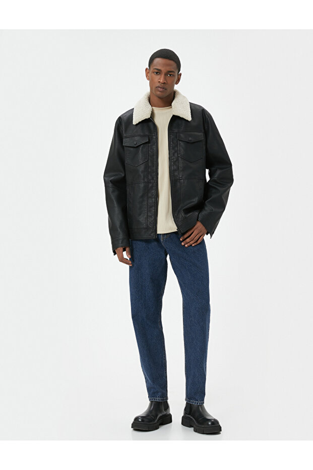 Faux Leather Jacket Collar Sheepskin Pocket Zippered Lined Slim Fit