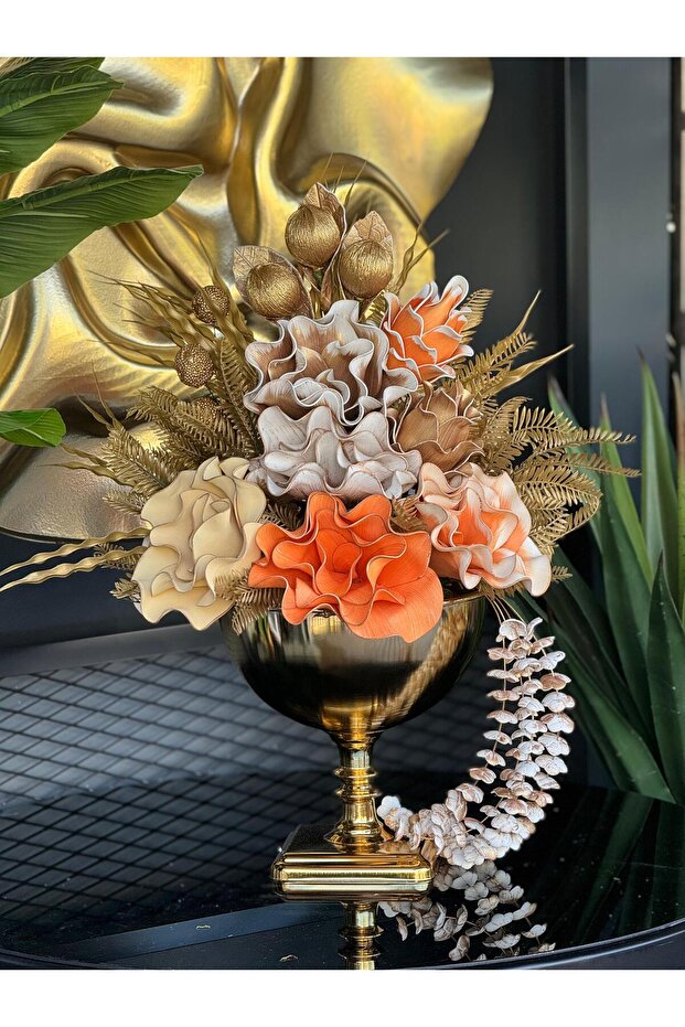 Yapay Çiçekli Gold Kare Ayaklı Vazo No:10 - 1