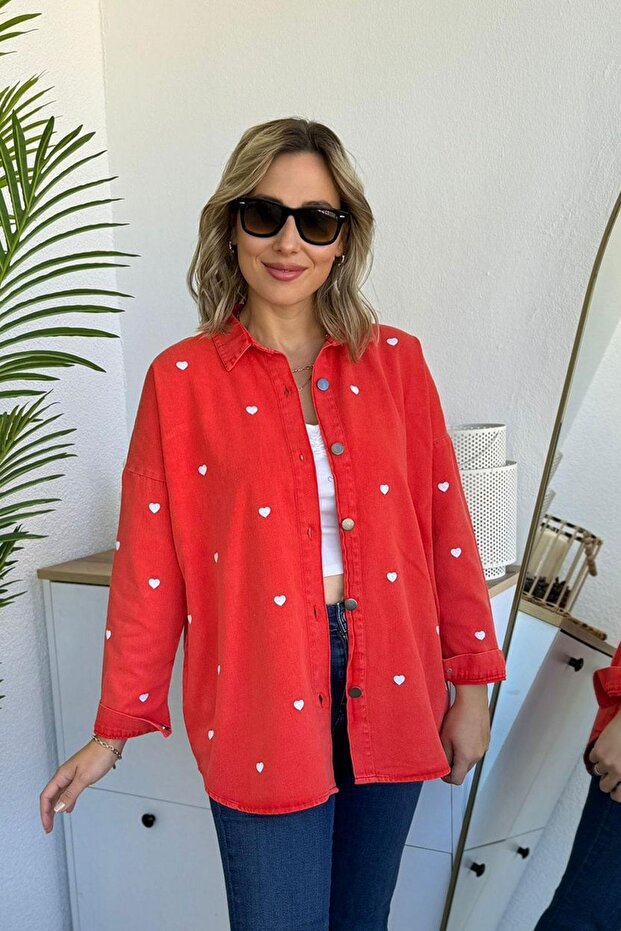 Oversize White Heart Pomegranate Denim Gabardine Shirt Jacket