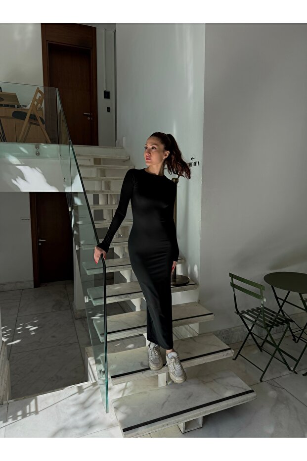 Uzun Kollu Maxi "Hailey" Basic Elbise - 6