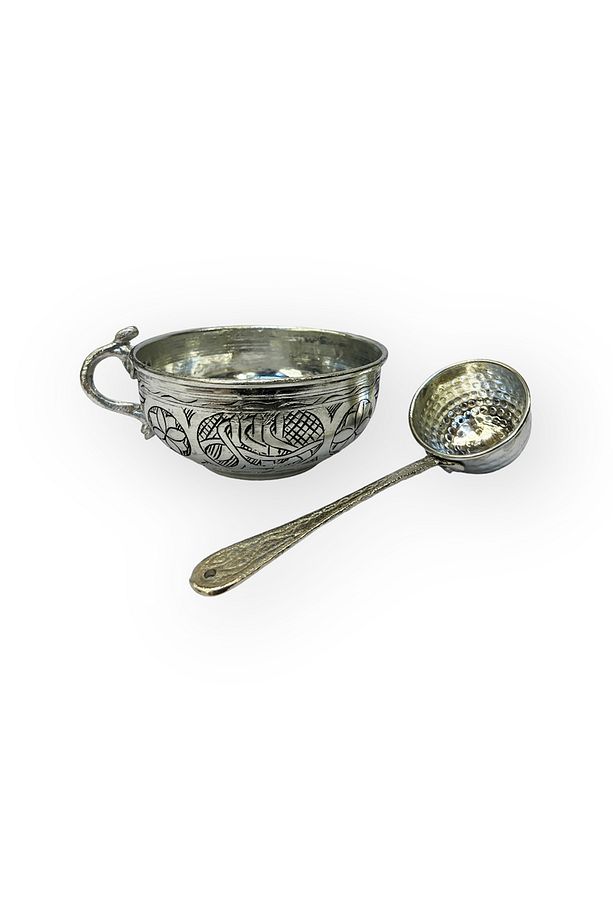 İşlemeli Kalaylı Bakır Ayran Tası - Çomçalı - 4