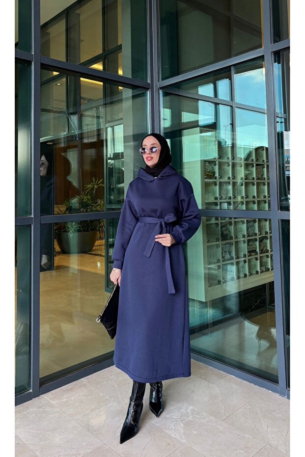 Kapşonlu 3 İplik Elbise - 1