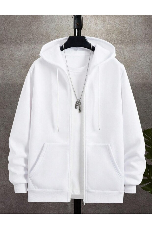 Unisex White Oversize Hooded Zippered Cardigan