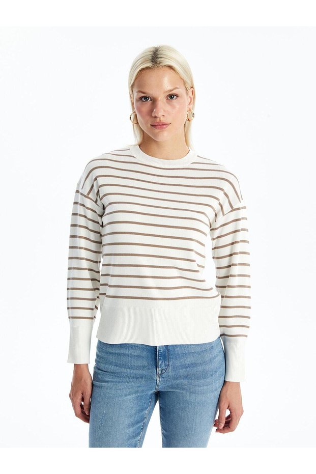 Crew Neck Striped Long Sleeve Women's Knitwear Sweater (W4)