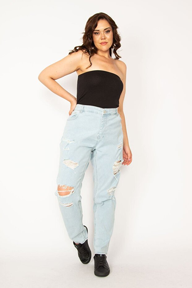 Women's Large Size Blue Washed Effect Ripped Detailed Jeans 65n33945