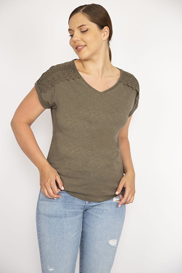 Women's Khaki Plus Size Cotton Fabric V-Neck Short Sleeve Shoulder Lace Detailed Blouse 65n36541