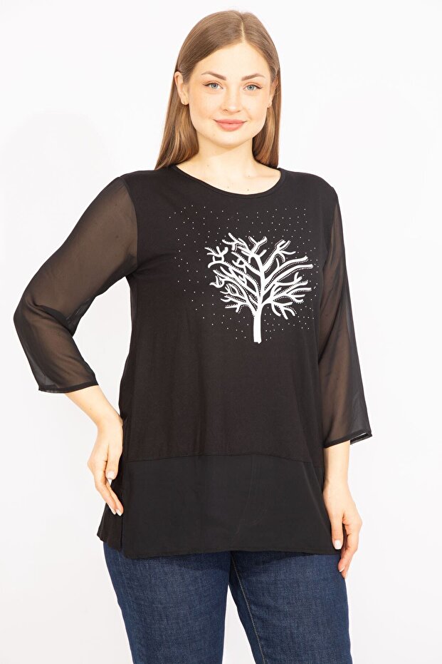 Women's Black Plus Size Sleeves Chiffon Front Print and Stone Detailed Blouse 65n35729