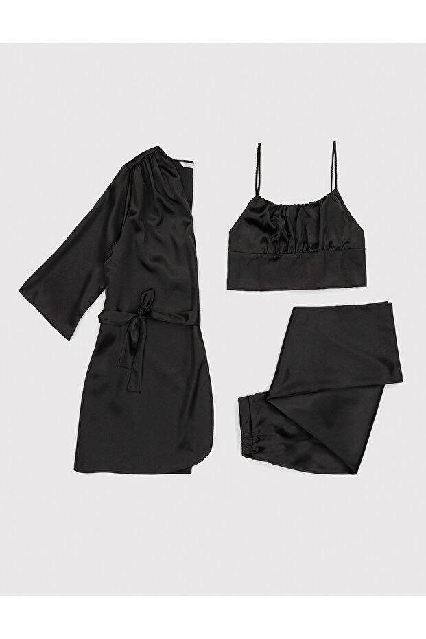 Black Satin 3 Piece Pajamas Set 50304006-Vr046