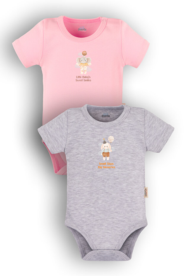 Organic Cotton 2-Piece Baby Bodysuit - Elephant and Rabbit Model, Bodysuit with Snap Fasteners 5649-5650-P