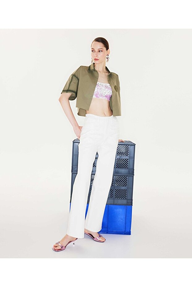 Nakışlı crop gömlek - 1