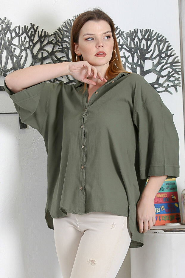 Khaki Green 3/4 Sleeve Pearl Buttoned Slit Casual Cotton Woven Shirt