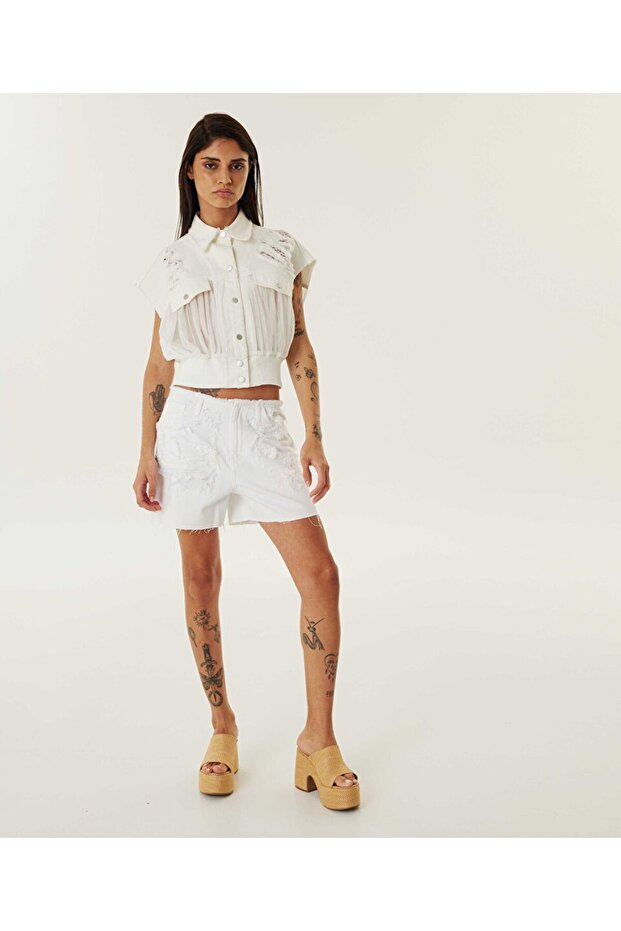 Eskitme efektli jean şort - 5