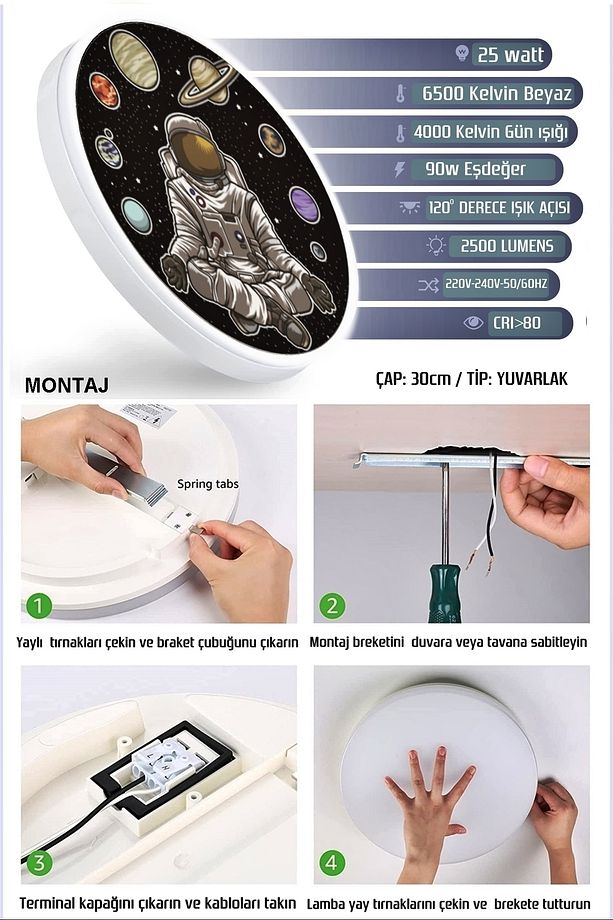 Space-Astronot Avize-Led Avize-25watt-30cm x 30cm,çocuk odası avize, avize modelleri, astronot avize - 3