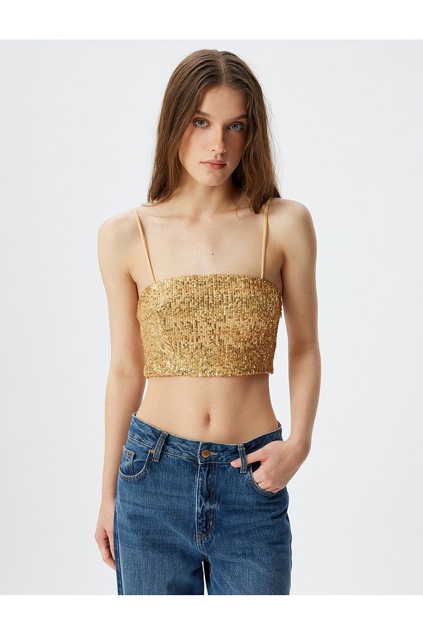 Pullu Payetli Ip Askılı Kare Yaka Crop Bluz - 3