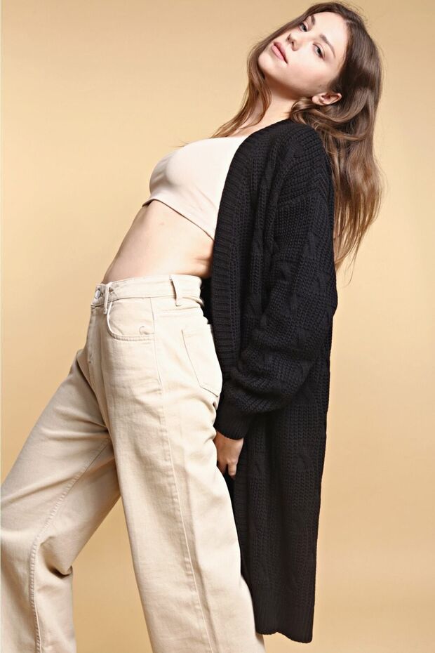 Kadın Siyah Uzun Triko Hırka - 3