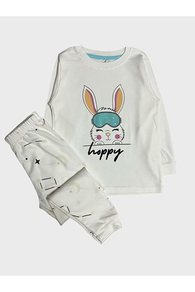 Girl's 100% Cotton White Rabbit Patterned Long Sleeve Pajama Set
