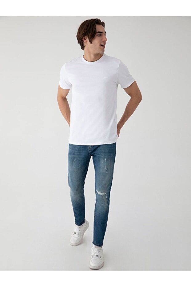 Sıfır Yaka Basıc Kısa Kol Slım Beyaz T-shırt - 1
