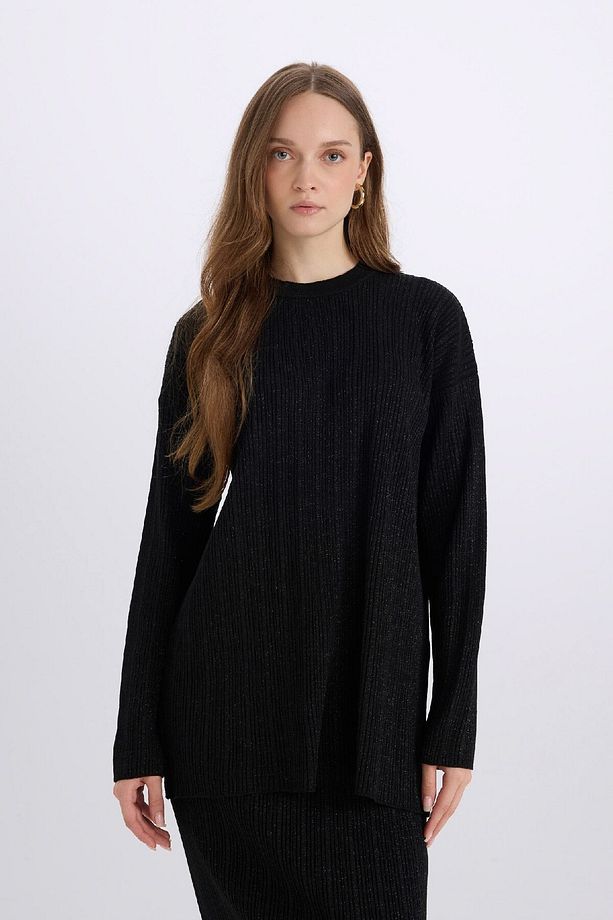 Relax Fit Bisiklet Yaka Basic Düz Triko Kazak Tunik D8633AX24WN - 1