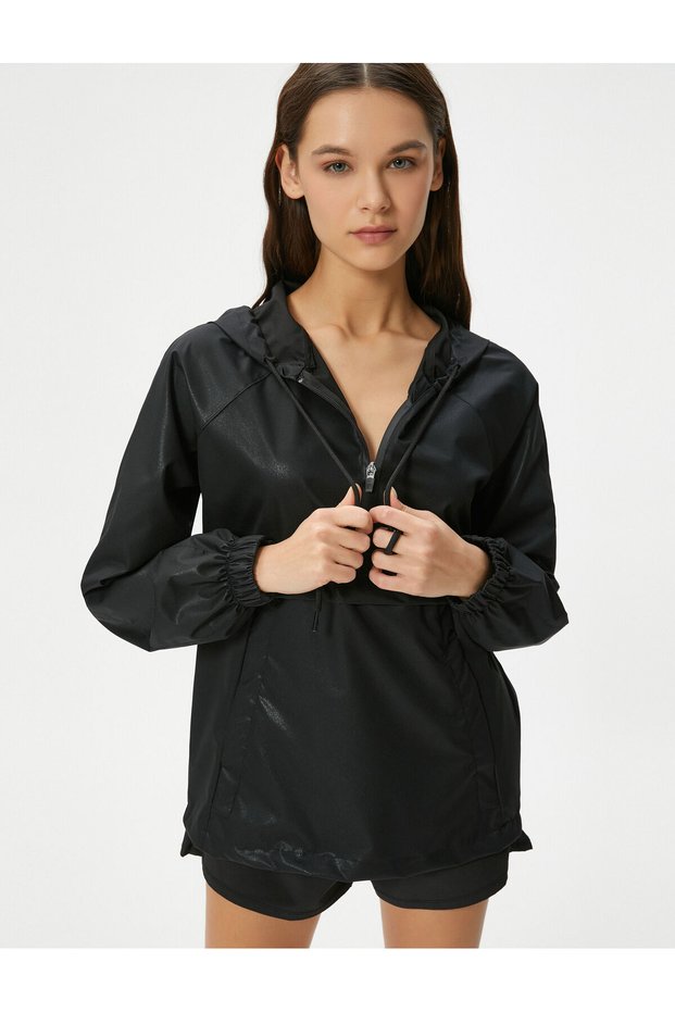 Sports Half Zipper Hooded Sweatshirt Shiny Fabric Pocket