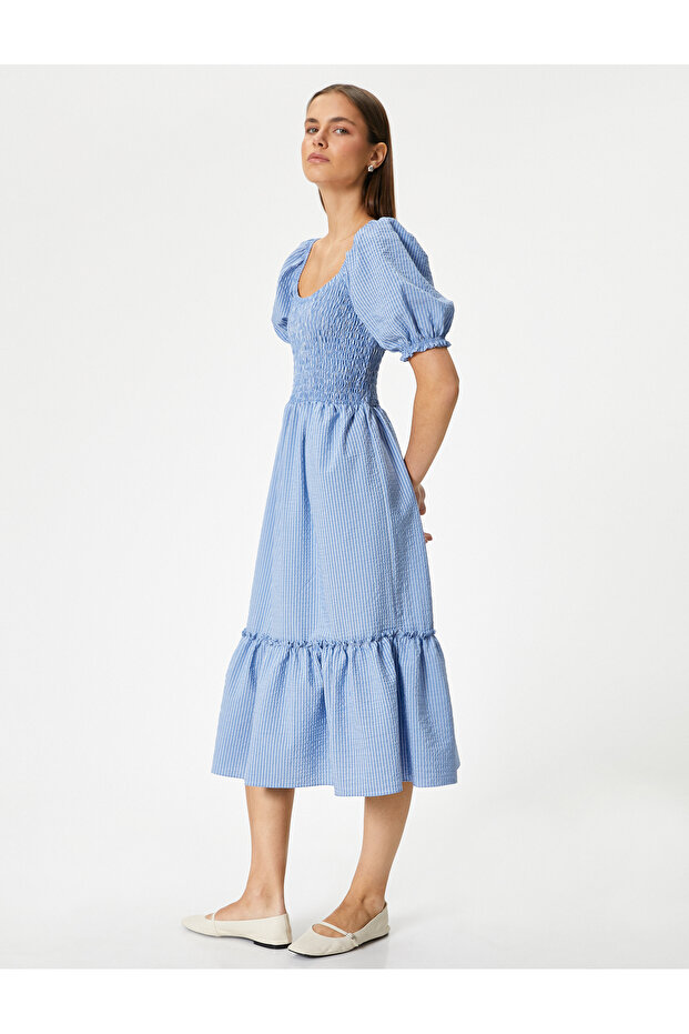 Balloon Sleeve Dress Midi Length Gipeli U-Neck