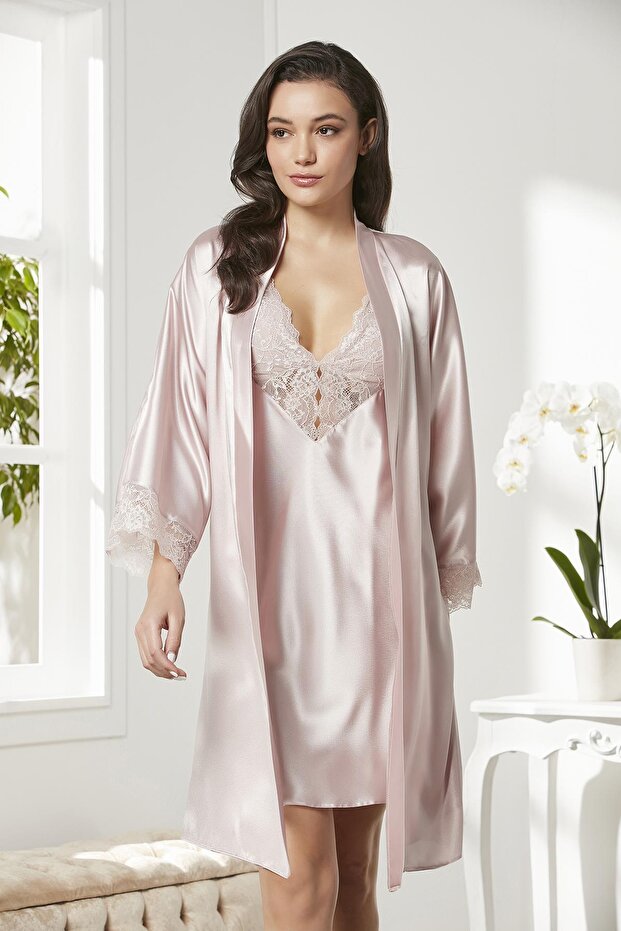 Satin Lace Women's Nightgown and Dressing Gown Set - 4280 Powder