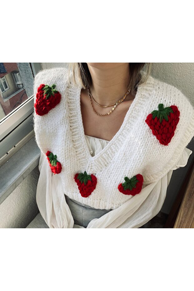 Hand Knitted Strawberry Detailed Women's Sweater