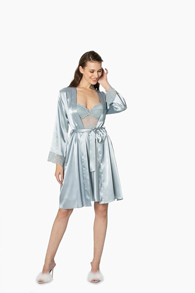 Satin Lace Women's Nightgown and Dressing Gown Set - 4265 Mist