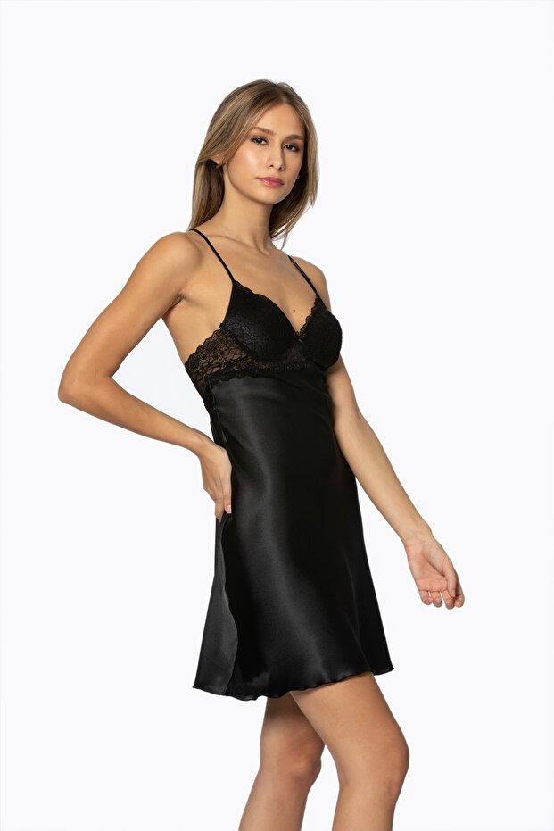 Satin Lace Women's Nightgown - 600 Black