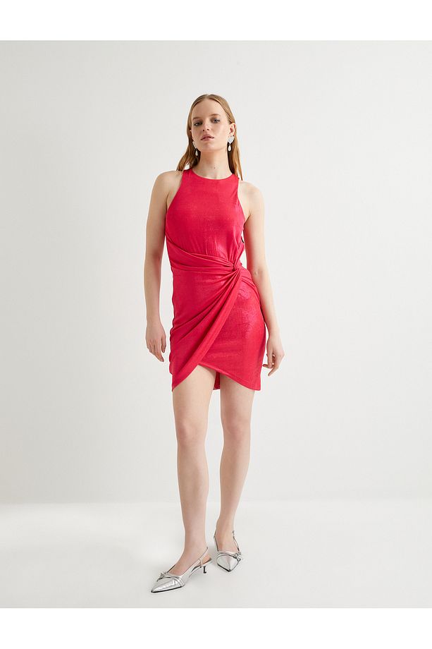 Mini Elbise Kolsuz Kruvaze Halter Yaka Drape Detaylı Astarlı - 3