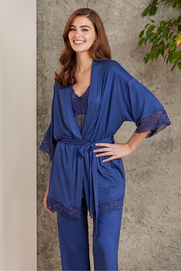 Lace Combed Cotton 3-Piece Women's Pajama Set - 2810
