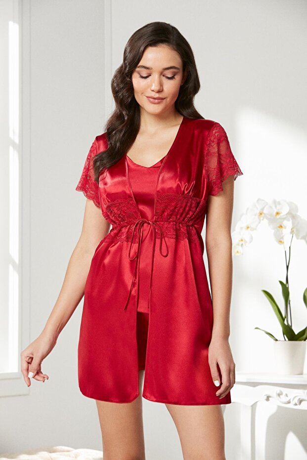 Satin Lace 3-Piece Women's Dressing Gown Set 2480 Red