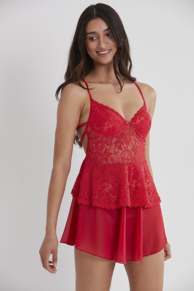 Satin Lace Women's Nightgown - 645 Red