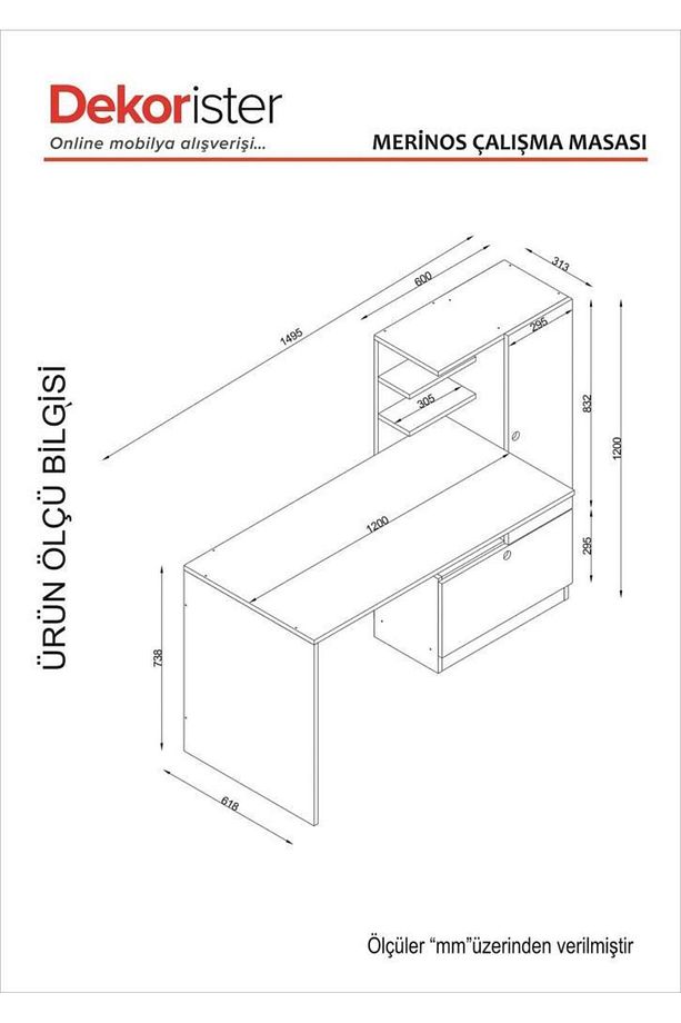 Merinos Kitaplıklı Çalışma Masası Beyaz - 8