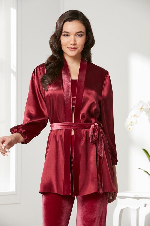 Velvet Satin 3 Piece Women's Pajama Set - 2050 Burgundy