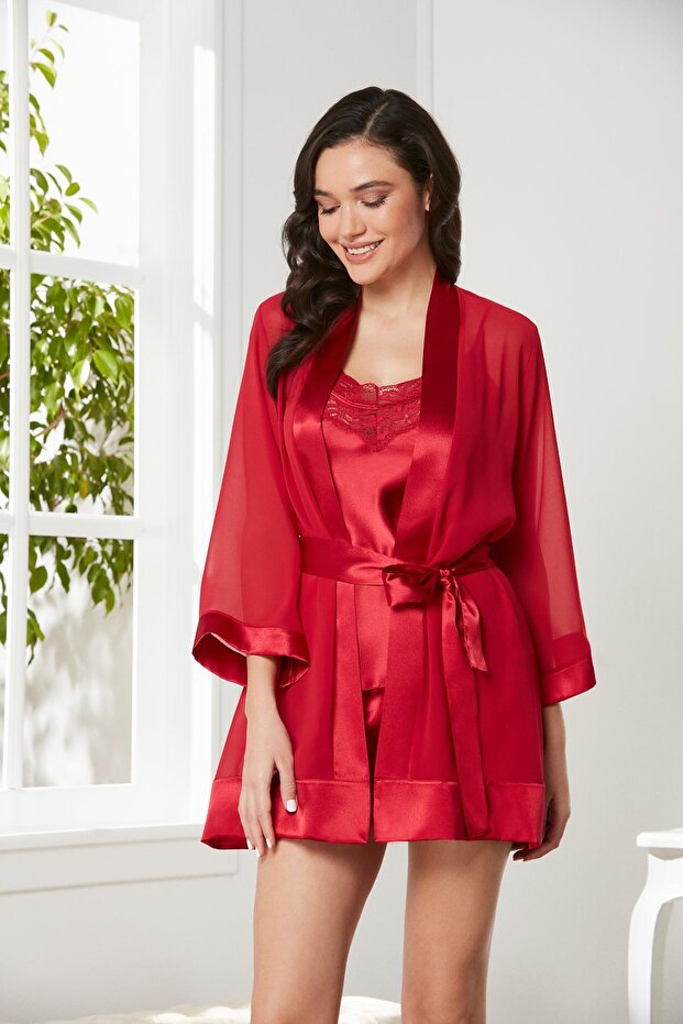 Satin 3-Piece Women's Dressing Gown Set - 2475 Red