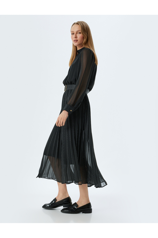 Lined Shirt Neck Buttoned Midi Length Polka Dot Pleated Dress