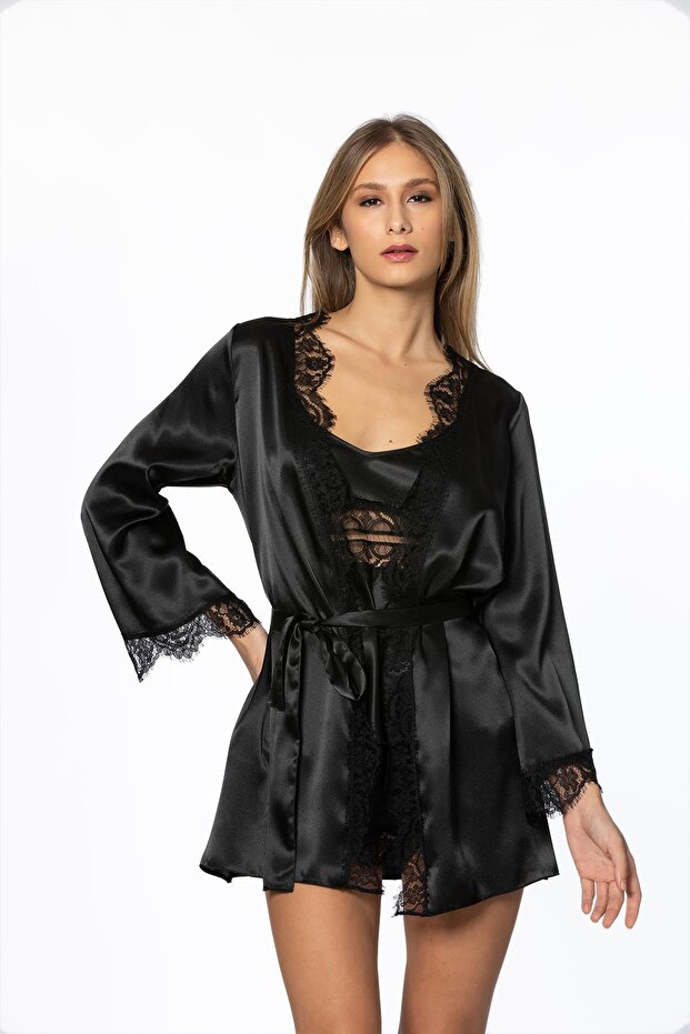Satin Lace 3-Piece Women's Dressing Gown Set 2490 Black