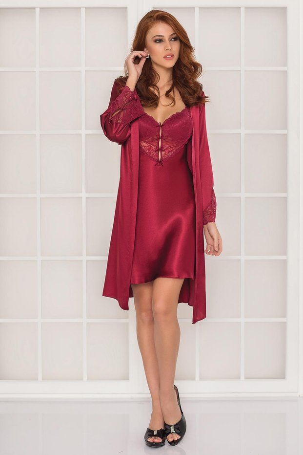 Satin Lace Women's Nightgown and Dressing Gown Set - 4300 Claret Red
