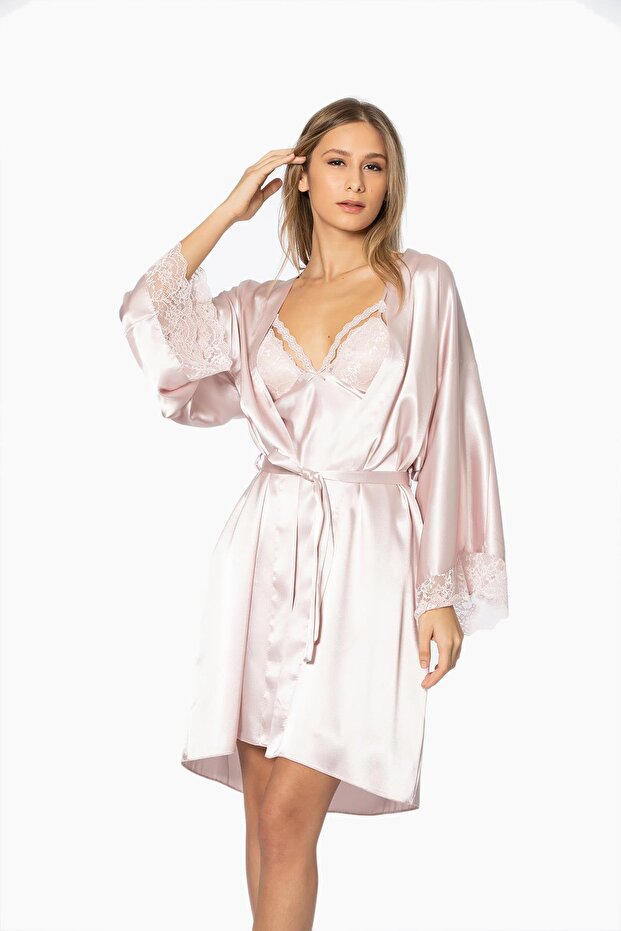 Satin Lace Women's Nightgown and Dressing Gown Set - 4250 Powder